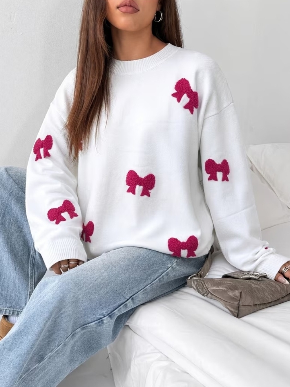 White Sweater with Pink Bow Accents - Women